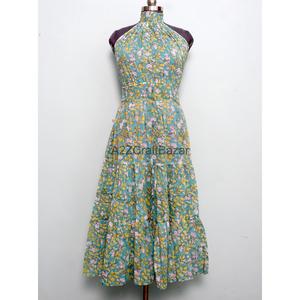 Robe midi à imprimé floral pour femme, col roulé, coupe trapèze, sans manches, 100% coton - Product Image 3