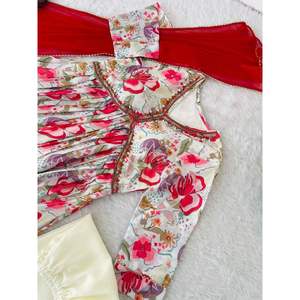 DESIGNER CHINON DIGITAL PRINT MIROIR TRAVAIL À LA MAIN ALIA CUT ROBE BAS AVEC DUPATTA BLANC - Product Image 4