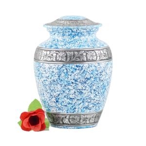 Wholesale Luxury Blue Mottle Metal Cremation Urn Bulk <b>Memorial</b> Jar with Elegant Floral Engraving and Polished Enamel Finish Art - Product Image 6