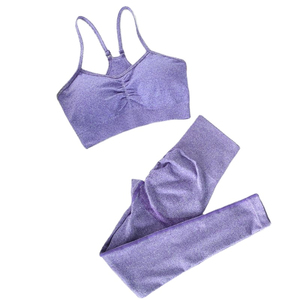 Conjunto de yoga para mujer, 2 piezas, color morado liso, top corto con espalda cruzada, leggings de cintura alta y longitud completa, ropa deportiva transpirable sin costuras - Product Image 1