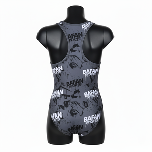 Traje de baño de una pieza para mujer, 200 GSM, poliéster, spandex, tela elástica, gris, estampado gráfico, logotipo personalizado para traje de baño. - Product Image 5
