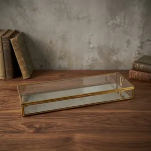 Rectangular Glass Jewelry <b>Box</b> with Brass Frame and <b>Mirror</b> Base for Jewellery Storage Display - Product Image 2
