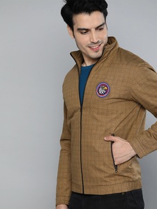 Men's Brown Corduroy Bomber <b>Jacket</b> Stand Collar Zipper Front Casual Solid Color Slim Fit Badge Decoration Autumn Wear - Product Image 2