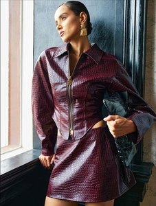Ensemble veste et jupe de moto pour femme en cuir gaufré croco de luxe, respirant, aspect cuir, tenue deux pièces pour l'automne/hiver - Product Image 5