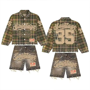 Conjunto de Dos Piezas Personalizado de Camisa a Cuadros de Algodón con Pedrería de Manga Larga y Pantalones Cortos de Mezclilla, 100% Algodón, Ropa Urbana para Hombre - Product Image 1