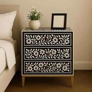 Elegante Gabinete de Almacenamiento con Cajones Laterales y Incrustaciones de Hueso Hecho a Mano, Mueble de Noche de Madera con Diseño Artesanal - Product Image 5