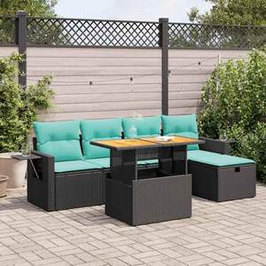 6 Piece <b>Black</b> Poly Rattan Patio <b>Sofa</b> Set with Cushions Outdoor <b>Garden</b> Furniture Contemporary Design Waterproof - Product Image 1