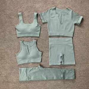 Ensemble de yoga côtelé 2 pièces pour femme : brassière de sport sans manches, haut à manches courtes et leggings taille haute, couleur unie, respirant, en Spandex/Coton - Product Image 1