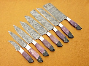 Ensemble de 8 couteaux en acier damas faits à la main, manche en os violet et corne de buffle, couteaux de cuisine professionnels - Product Image 1