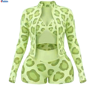 Conjunto de 3 piezas de pantalones cortos de hip hop con estampado de leopardo para mujer, chaqueta con cremallera de manga larga, sujetador y pantalones cortos de ciclista, ropa sexy para discoteca, ropa de primavera y verano - Product Image 4