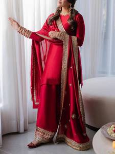 Party Wear Look Rangoli <b>Silk</b> Palazzo Women's <b>Red</b> <b>Silk</b> Embroidered Indian Pakistani Suit Set With Dupatta For Wedding Full Stitch - Product Image 3