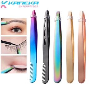 Pinzas para cejas de acero inoxidable y metal grueso de colores personalizados al por mayor con punta inclinada, pinzas para cejas Kaneka con logotipo privado - Product Image 6
