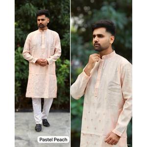 DESIGNER PREMIUM SOIE BRODERIE TRAVAIL HOMME KURTA PYJAMA PEACH Achkan Bandhgala Sherwani - Product Image 1