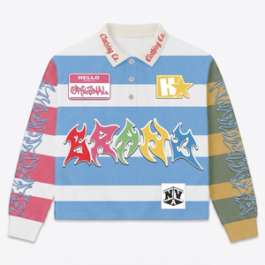 Camiseta de Rugby Personalizada de 280 GSM de Algodón y Poliéster con Paneles a Rayas Blancas y Azules y Logotipo Bordado para Hombre - Product Image 1