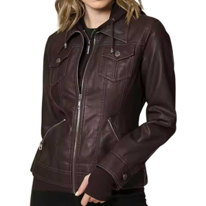 Women's PU Leather Slim Fit Short Motorcycle Jacket Hooded Full Sleeve <b>Zipper</b> Closure Solid Color Autumn Wear - Product Image 6