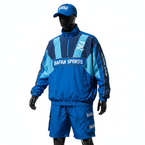 Conjunto corto de chaqueta cortavientos de nailon y poliéster premium para hombre, tejido ligero, diseño de paneles en tono azul, conjunto con logotipo personalizado, talla grande - Product Image 6