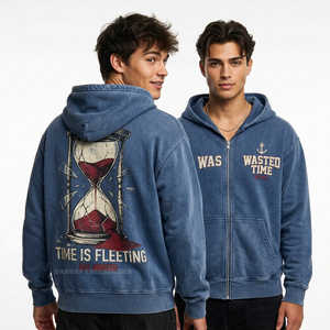 Blue Vintage Wash Zip Up Hoodie Time Is Fleeting <b>Hourglass</b> Graphic Back Print Men Wasted Time Chest Print Streetwear Hoody - Product Image 1