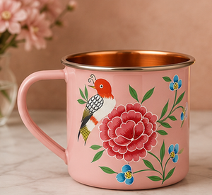Handcrafted Sky Blue Copper Interior Enamel <b>Mug</b> Floral <b>Bird</b> Enamel <b>Mug</b> Blue Floral <b>Bird</b> Design Copper Rim Handle - Product Image 5