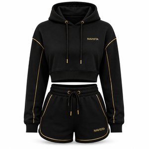 Custom Logo 2026 Women's Streetwear 2-Piece Crop <b>Top</b> & Biker Shorts Set 100% Cotton Eco-Friendly Fleece - Product Image 2
