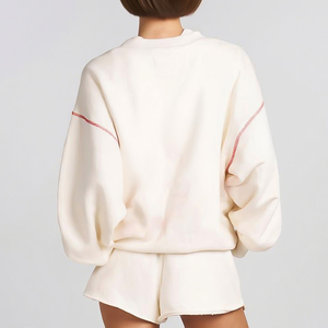 Women Cream Tracksuit Set Full Sleeve Crew Neck Loose Fit Solid Color Breathable Cotton Summer Casual Wear Shorts Elastic Waist - Product Image 2