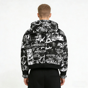 Sweat à capuche oversize pour homme, imprimé graffiti, fermeture éclair, streetwear, veste à capuche respirante en polyester tricoté, motif noir et blanc - Product Image 6