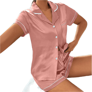 Conjunto de pijama corto de satén para mujer, suave, sedoso, ligero, transpirable, cómodo, elegante, estilo relajante para el hogar - Product Image 1