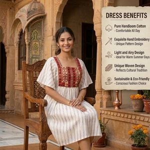 Robe courte bohème en coton et lin pour femme, imprimé Ikat, brodée, coupe ample, tunique artisanale pour l'été et la plage - Product Image 6