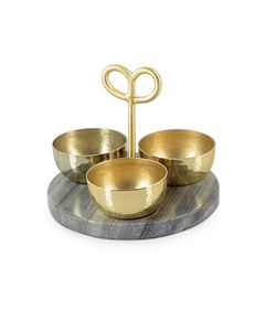 Trending Stylish Gold Bowls on Gray Stone Base with <b>Handle</b> Unique Modern Serving Set for Snacks and Condiments Luxury Decor - Product Image 1