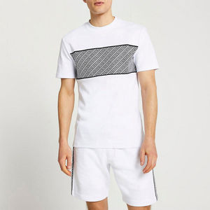 Men White Cotton T-Shirt With Geometric Print Crew Neck Casual Summer Short Sleeve Top Set - Product Image 2