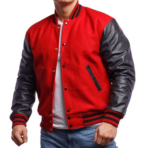 Custom Logo Varsity Jacket Men <b>Red</b> <b>Wool</b> Body Dark Grey Genuine Leather Sleeves Letterman Baseball Bomber Jacket - Product Image 1