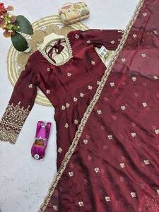 Robe Anarkali brodée marron, longueur ras du sol, tenue traditionnelle indienne et pakistanaise pour mariage, coupe ample, manches longues pour femme - Product Image 5