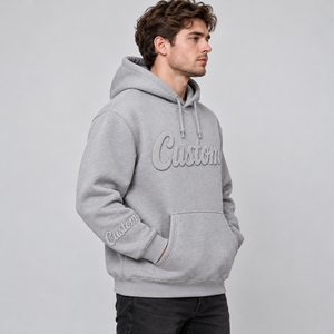 Sweat à capuche unisexe gris personnalisé avec appliqué tonal et poche kangourou, OEM, marque privée, streetwear - Product Image 3