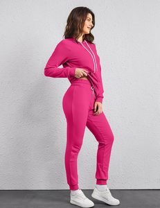 Ensemble de survêtement rose à capuche pour femme, manches longues, couleur unie, sweat-shirt et pantalon décontractés avec poches latérales, polyester respirant - Product Image 5