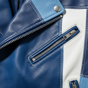 Chaqueta de Motociclista de Cuero para Hombre, Diseño de Bloques de Color Azul y Blanco, Chaqueta de Moto de Cuero Genuino - Product Image 2