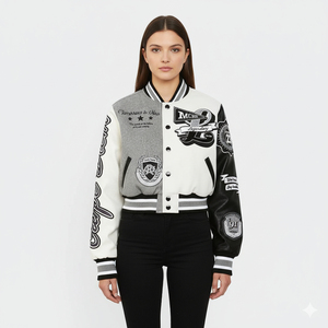 Custom Men's Fashion Varsity Patch Bomber <b>Jacket</b> High Quality Genuine Sheepskin Heavyweight Two Tone Black <b>White</b> Letterman Front - Product Image 4
