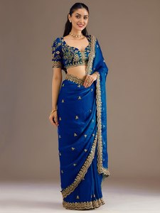 Sari en soie bleue brodé traditionnel pour femme, ensemble anti-humidité et infroissable pour mariage et fête - Product Image 1
