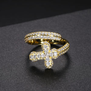 Luxury Iced Out Cross <b>Ring</b> for Men Women, Gold Plated CZ Diamond Christian Faith <b>Ring</b>, <b>Adjustable</b> Open Wrap <b>Ring</b> - Product Image 3