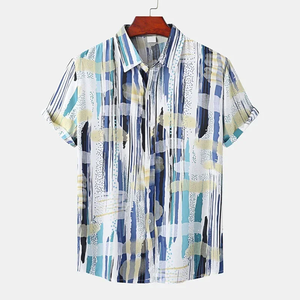 เสื้อฮาวายลายต่อผ้าสไตล์วินเทจสำหรับผู้ชาย สีสันสดใส พิมพ์ลายสี่เหลี่ยมสามมิติ แขนสั้น สวมใส่สบาย ติดกระดุม ทรงหลวม - Product Image 2
