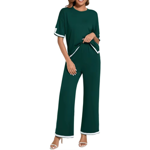 Survêtement vert pour femme, manches courtes, col rond, coupe ample, pantalon long, poches latérales, taille élastique, tenue décontractée d'été - Product Image 4