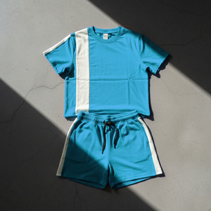 Conjunto Deportivo Unisex Azul y Blanco con Bloques de Color, Camiseta de Manga Corta y Pantalones Cortos con Cordón, Transpirable, Estilo Deportivo de Verano para Adultos - Product Image 3