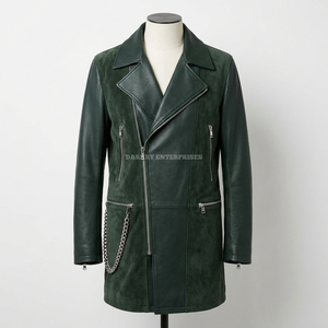 Custom Mens Forest Green Leather <b>Suede</b> Long Trench Coat Mixed Media Double Rider Biker <b>Jacket</b> Wholesale Outerwear Manufacturer - Product Image 1