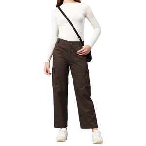 Pantalon cargo taille haute pour femme en toile rose unie, décontracté, longueur intégrale avec poches, style printemps, coupe droite, fermeture boutonnée - Product Image 4