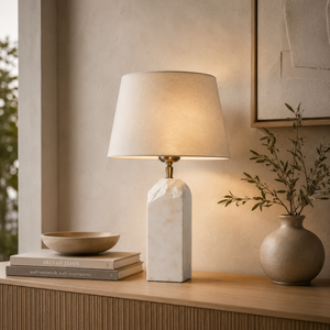 Luxury White Marble Table Lamp With Hand <b>Chiseled</b> <b>Stone</b> Top Artistic Craftsmanship Premium Fabric Shade Soft Ambient Lighting - Product Image 1