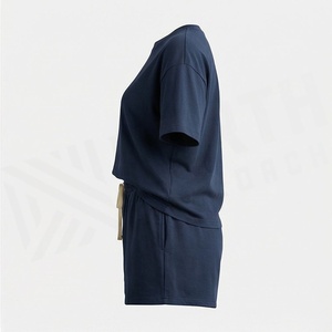 Ensemble 2 pièces décontracté pour femme en coton bleu marine, col rond, manches courtes, coupe ample, couleur unie, printemps-été, au-dessus du genou - Product Image 3
