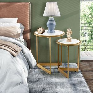 Set di 2 Tavolini da Caffè Rotondi Impilabili con Piano Effetto Marmo per Soggiorno - Product Image 6