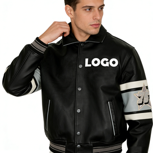 Veste en cuir PU pour homme, col rabattu, fermeture boutonnée, couleur unie noire, logo lettré sur le devant, tenue décontractée d'automne - Product Image 4