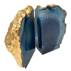 En kaliteli mavi akik Bookend çift altın kaplama ile güzel doğal akik kristal Bookend setleri altın elektroliz kitap standı