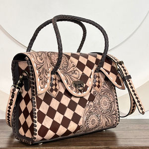 Bolso de Mano Personalizado Hecho a Mano con Cuero Vacuno Genuino, Patrón a Cuadros, Bolso Tote Floral, Bolso de Primera Calidad, Perfecto para Mujer - Product Image 4