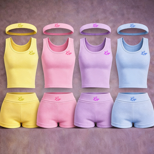 Ensemble 3 pièces pour femme en coton côtelé avec logo personnalisé, idéal pour le printemps et l'été, style loungewear, par les meilleurs fabricants de vêtements de détente. - Product Image 4