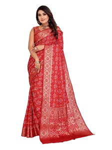 Sari en satin de soie doux à imprimé traditionnel Bandhej avec bordure tissée Kanchi Zari pour mariage, Diwali et fête - Product Image 6